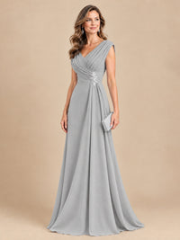 V Neck Pleated Mother of The Bride Dresses with Beading Cap Sleeves