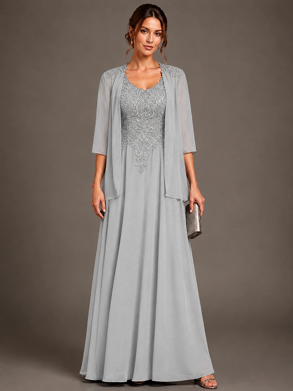 A-line 2 Pieces Chiffon Appliques Mother of The Bride Dresses with Jackets