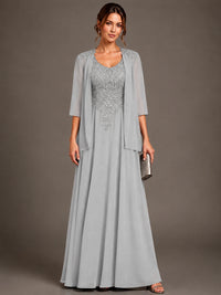 A-line 2 Pieces Chiffon Appliques Mother of The Bride Dresses with Jackets