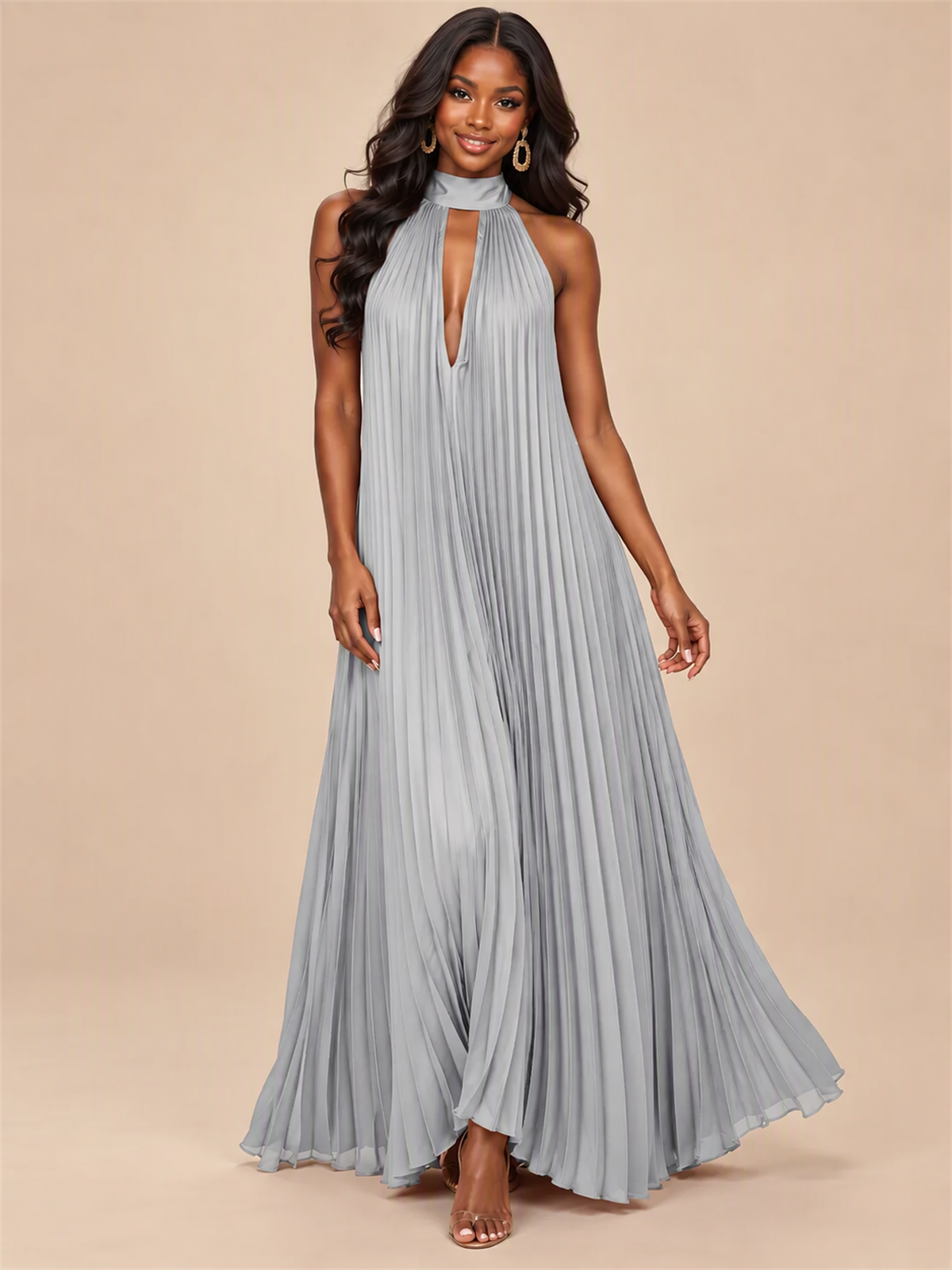 Rust Orange Pleated Halter Neck Maxi Dress