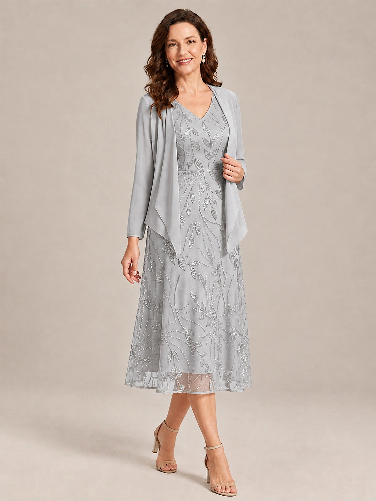 Tea Length Sequin Lace Mother of the Bride Dress with Chiffon Jacket