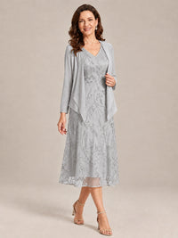 Tea Length Sequin Lace Mother of the Bride Dress with Chiffon Jacket