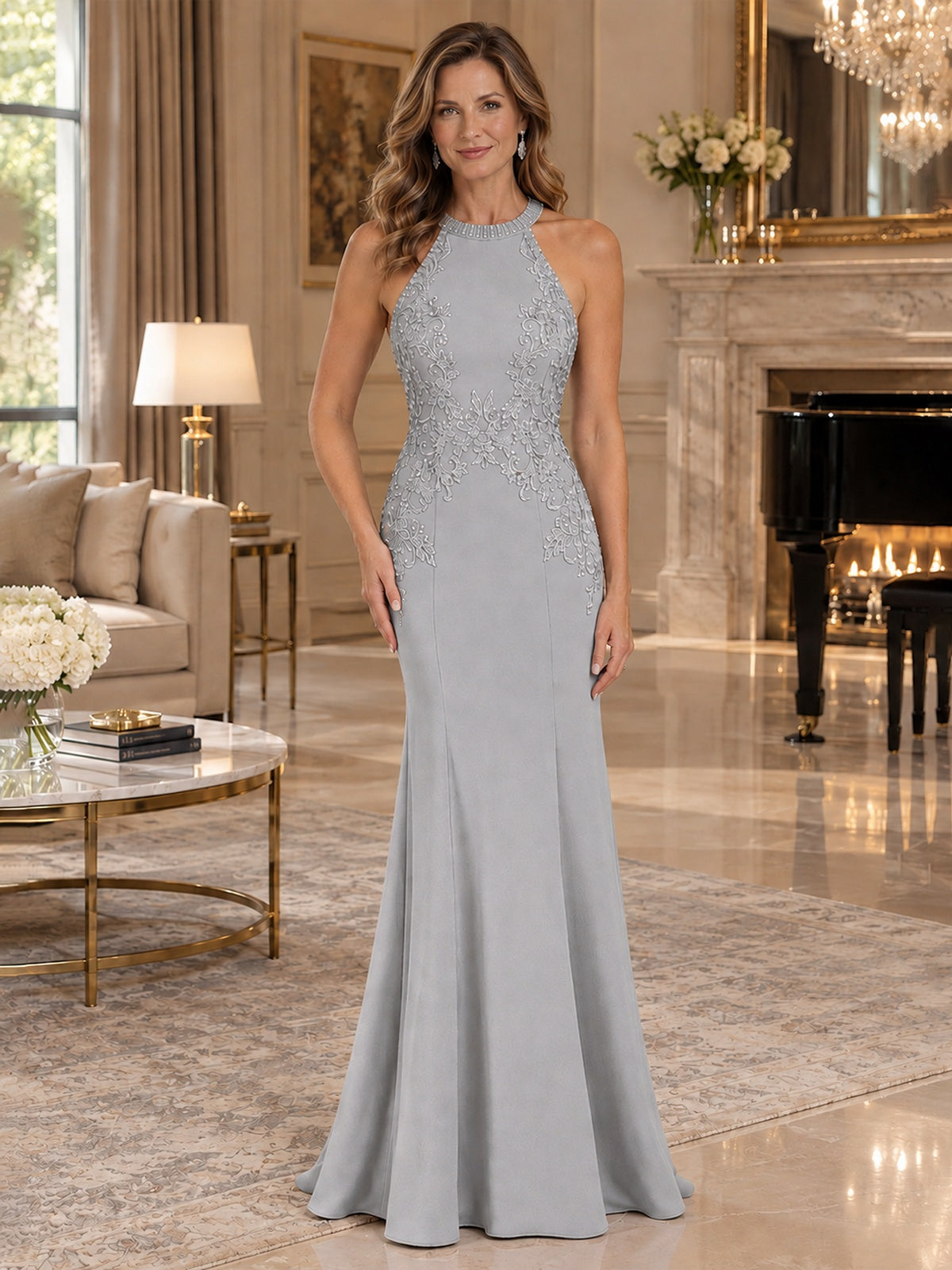Halter Neckline Lace Appliques Mother of The Bride Dresses