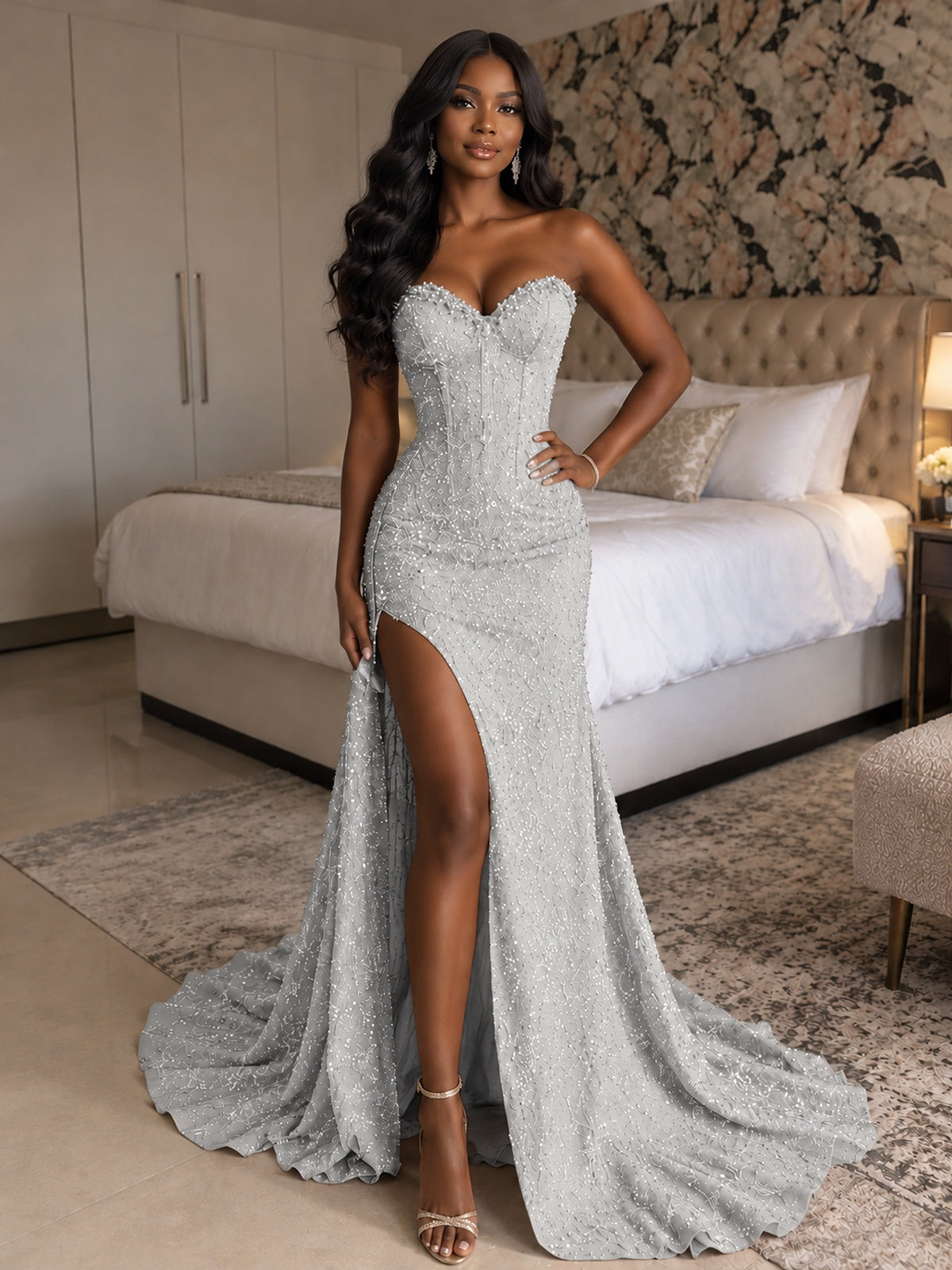 Beaded Sequin Prom Dress Strapless Formal Gowns with High Slit Train