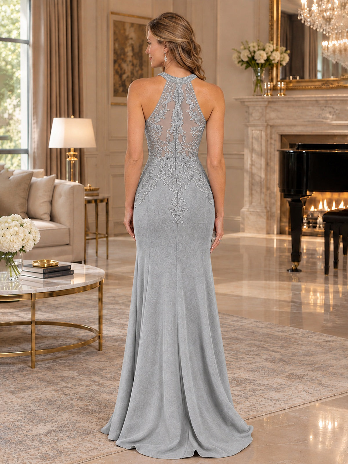 Halter Neckline Lace Appliques Mother of The Bride Dresses