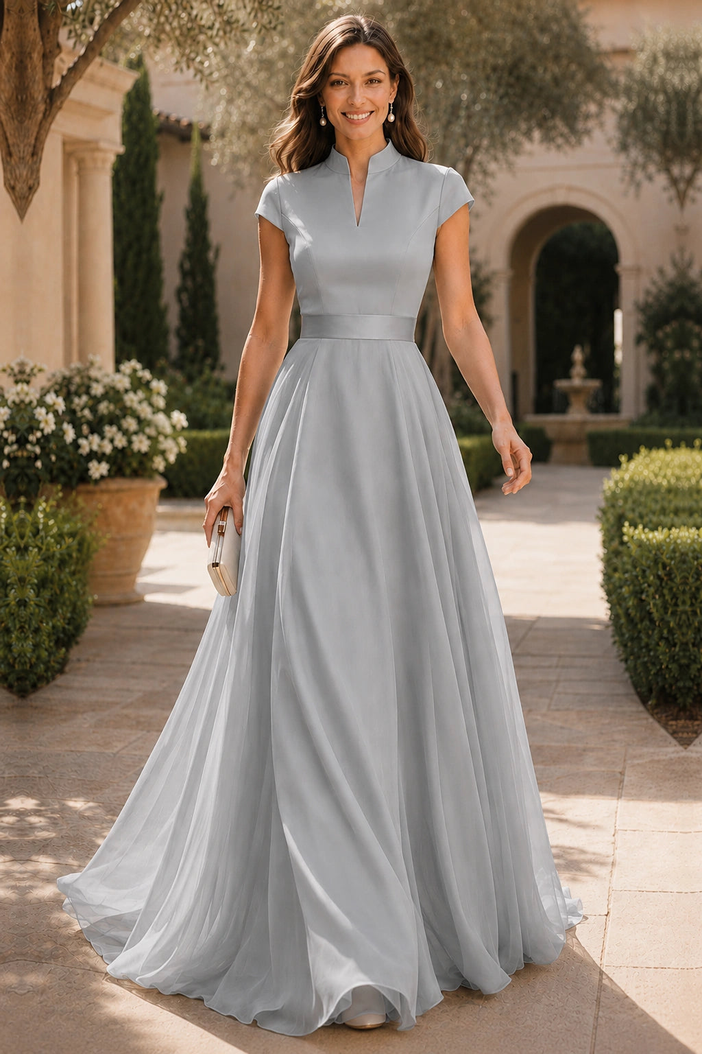 V Neck Cap Sleeve A-Line Floor-Length Satin Bridesmaid Dress