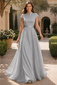 V Neck Cap Sleeve A-Line Floor-Length Satin Bridesmaid Dress