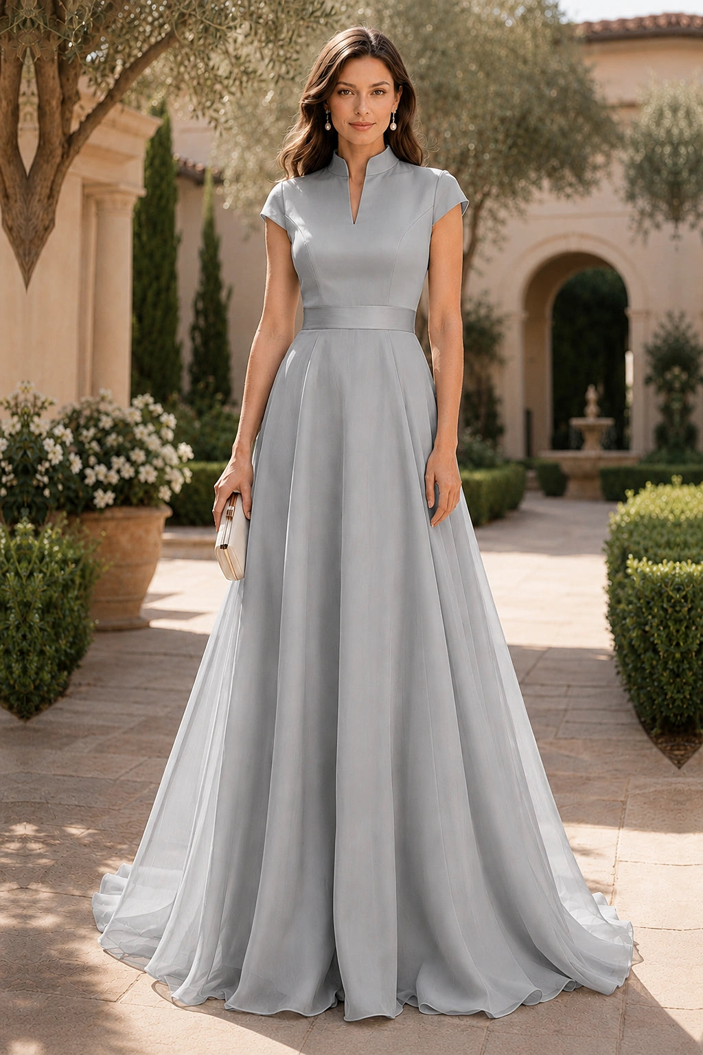 V Neck Cap Sleeve A-Line Floor-Length Satin Bridesmaid Dress