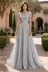 V Neck Cap Sleeve A-Line Floor-Length Satin Bridesmaid Dress