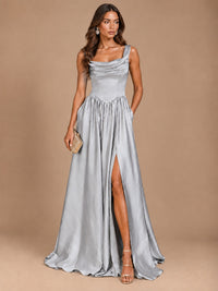 Cowl Neck Pleated Satin Prom Dress with Pockets & Slit Maxi Formal Gowns