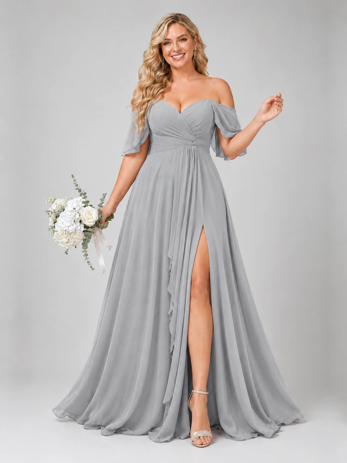 Off Shoulder Chiffon Bridesmaid Dress with Slit