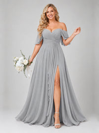 Off Shoulder Chiffon Bridesmaid Dress with Slit