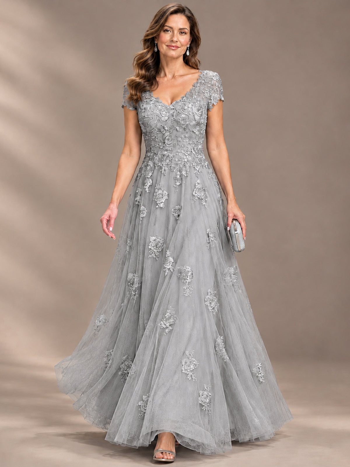Lace Appliques A-line Mother of The Bride Dresses with Short Sleeves