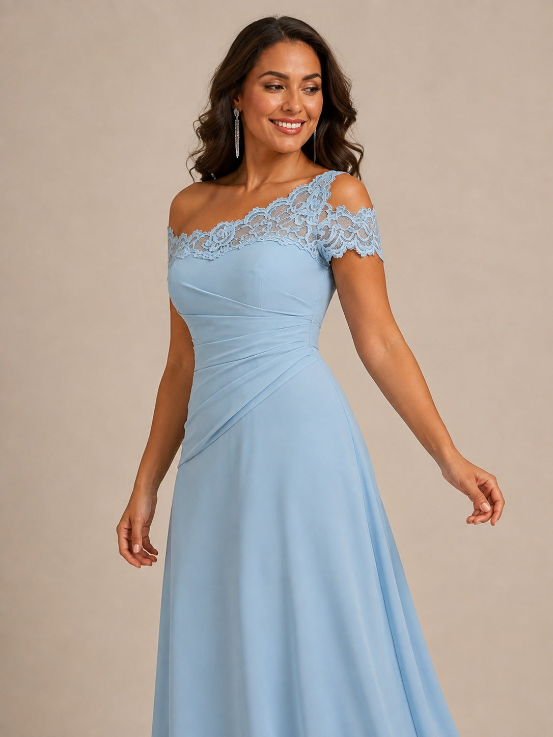 Elegant light blue formal dress with floral lace neckline