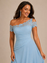 Light blue A-line chiffon mother of the bride dress with lace neckline