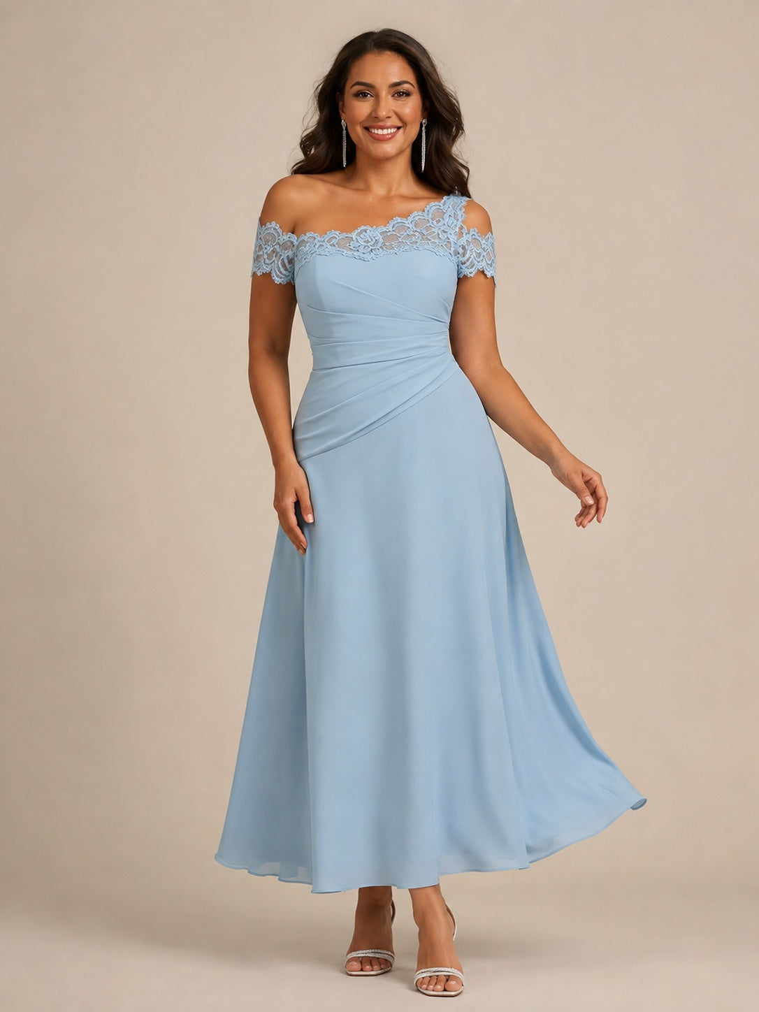 Light blue lace mother of the bride dress with ruched waist