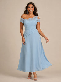 Light blue lace mother of the bride dress with ruched waist