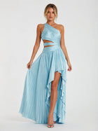 Light Blue Pleated One Shoulder Bridesmaid Dress with Slit