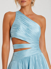Light Blue Pleated One Shoulder Bridesmaid Dress with Slit