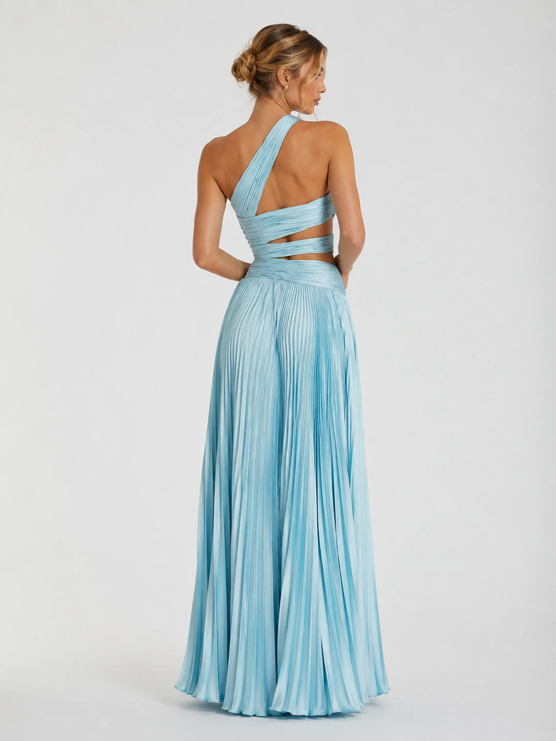 Light Blue Pleated One Shoulder Bridesmaid Dress with Slit
