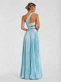 Light Blue Pleated One Shoulder Bridesmaid Dress with Slit