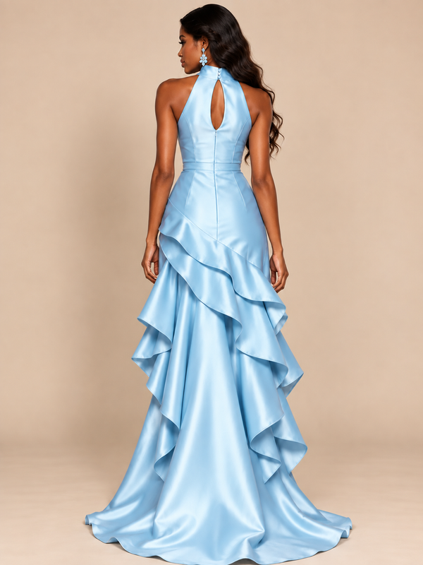 Sky blue satin halter gown with ruffled skirt and elegant train