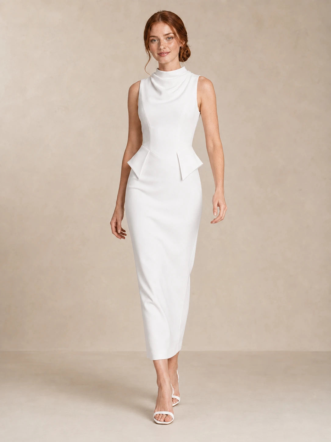 Full-length front view of the Jovellee Solenne white high-neck peplum wedding dress with a sleek column silhouette