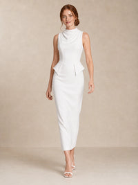 Full-length front view of the Jovellee Solenne white high-neck peplum wedding dress with a sleek column silhouette