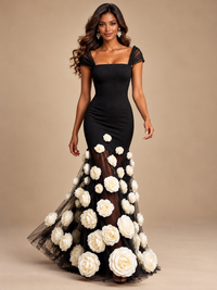 Square neckline and sheer gathered cap sleeves on a fitted black Jovellee floral prom dress