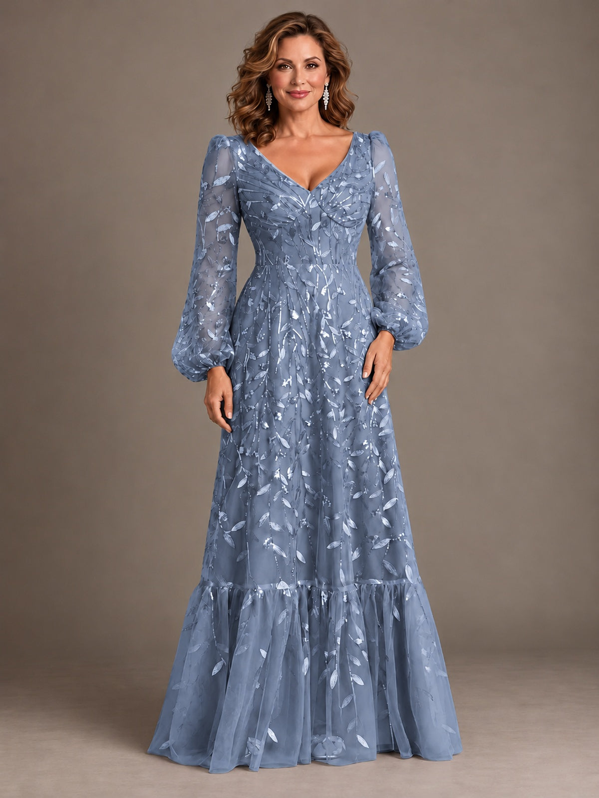 Floral Sequin Embroidered A-Line Mother of the Bride Dress with Long Sleeves