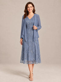 Dusty Blue-2 Piece Lace Appliques Chiffon Mother of The Bride Dress with Sequin