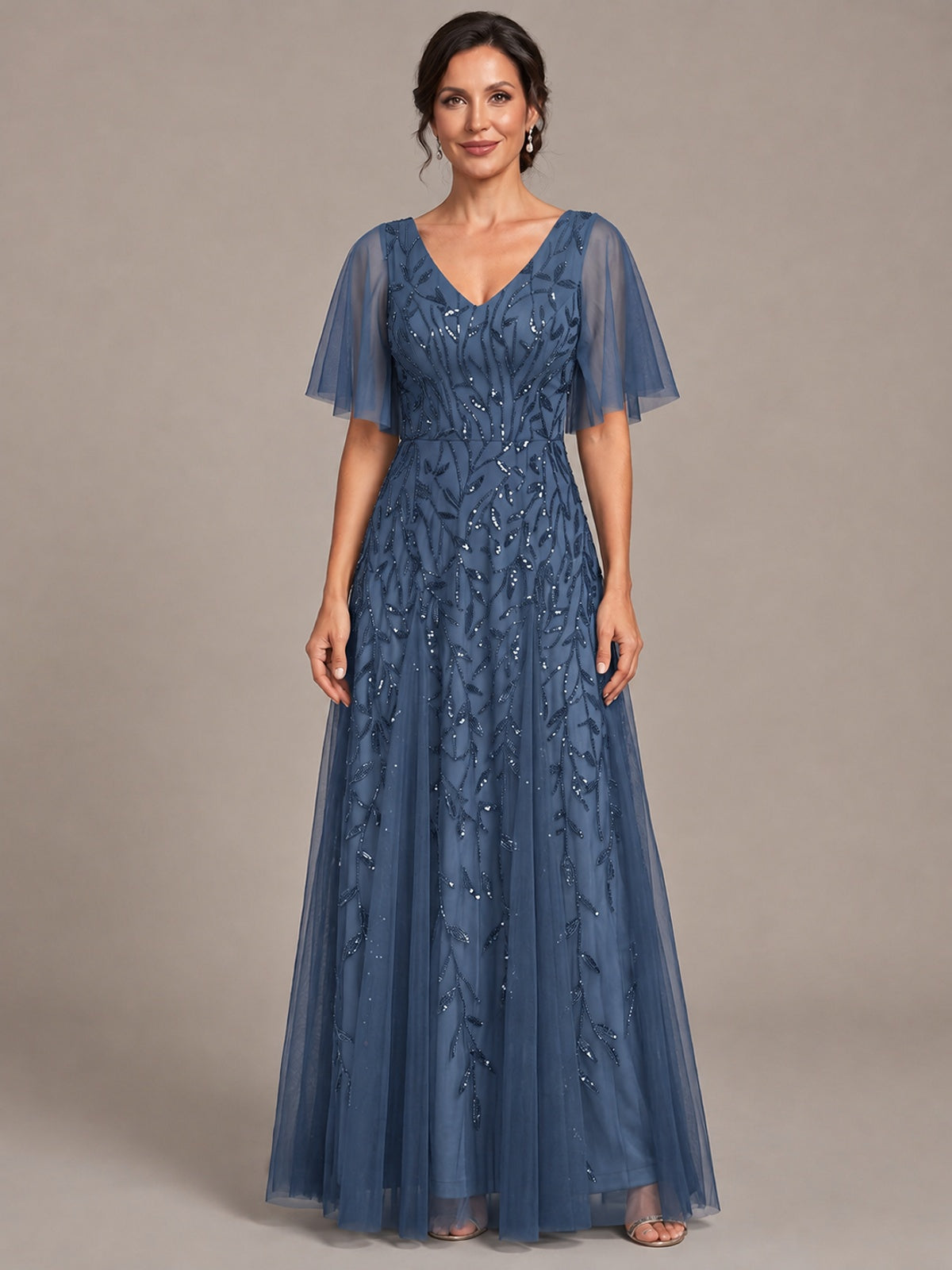 Steel Blue V-Neck Sequin Tulle Mother of the Bride Dress with Flutter Sleeve A-line Evening Formal Wedding Guest Dress