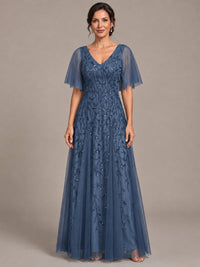 Steel Blue V-Neck Sequin Tulle Mother of the Bride Dress with Flutter Sleeve A-line Evening Formal Wedding Guest Dress