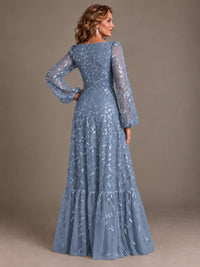 Floral Sequin Embroidered A-Line Mother of the Bride Dress with Long Sleeves