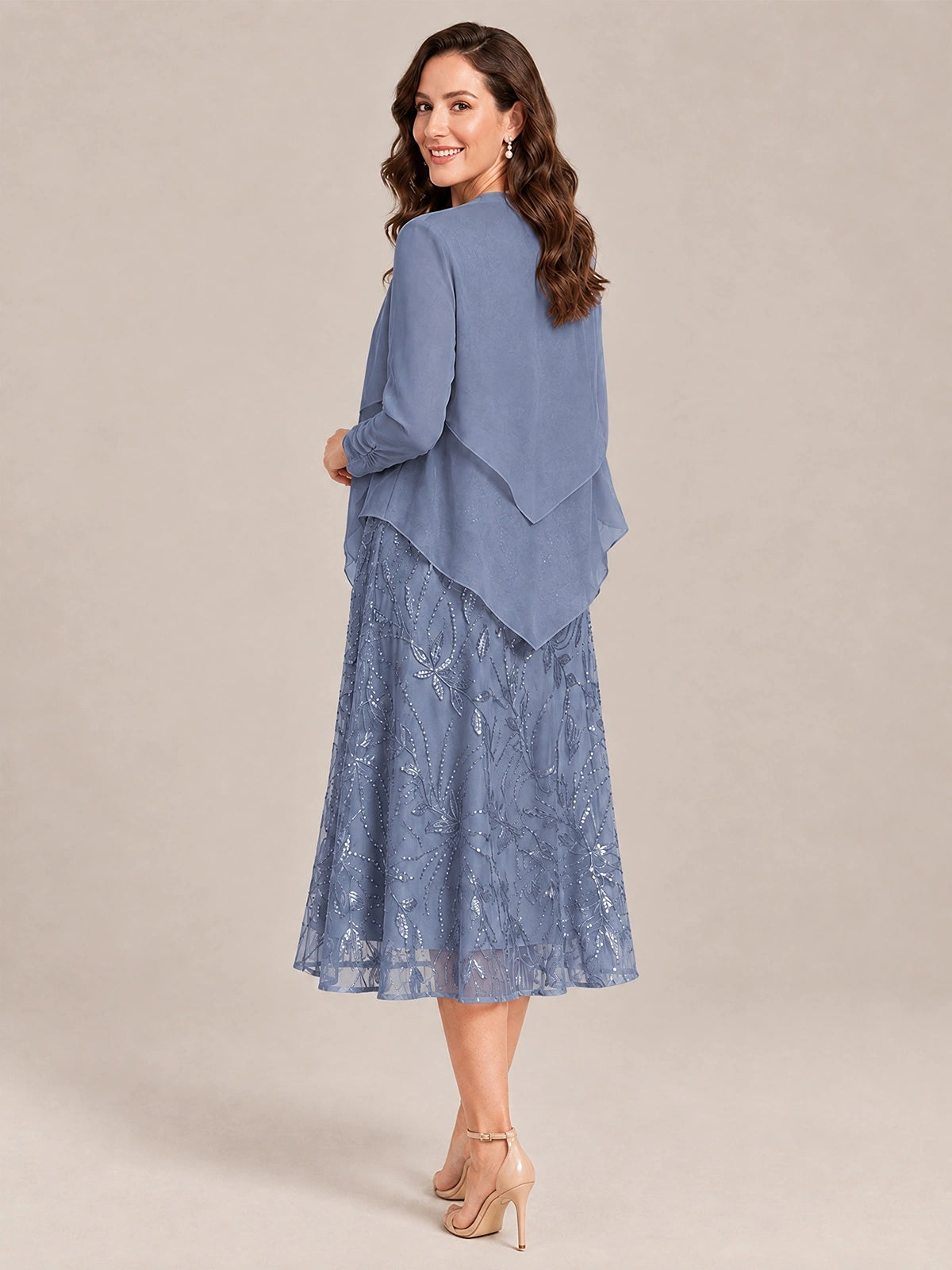 Tea Length Sequin Lace Mother of the Bride Dress with Chiffon Jacket