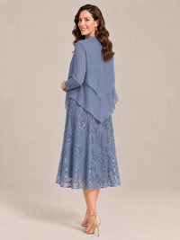 Tea Length Sequin Lace Mother of the Bride Dress with Chiffon Jacket