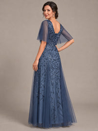 V-Neck Sequin Tulle Mother of the Bride Dress with Flutter Sleeve