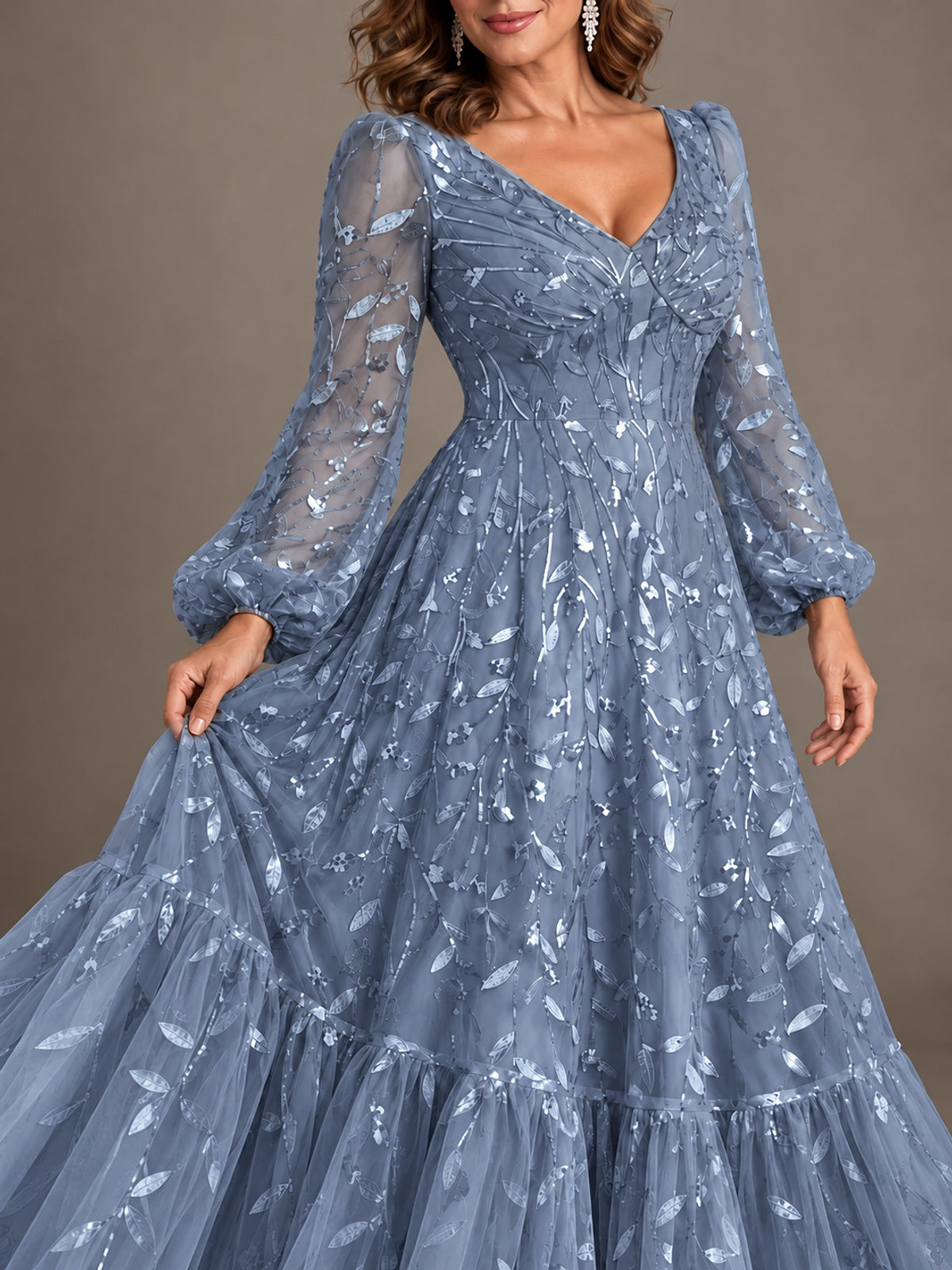 Floral Sequin Embroidered A-Line Mother of the Bride Dress with Long Sleeves