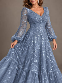 Floral Sequin Embroidered A-Line Mother of the Bride Dress with Long Sleeves