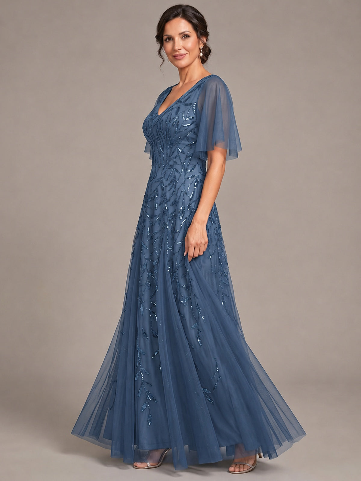 V-Neck Sequin Tulle Mother of the Bride Dress with Flutter Sleeve