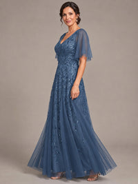 V-Neck Sequin Tulle Mother of the Bride Dress with Flutter Sleeve