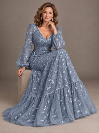 Floral Sequin Embroidered A-Line Mother of the Bride Dress with Long Sleeves
