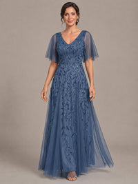 V-Neck Sequin Tulle Mother of the Bride Dress with Flutter Sleeve