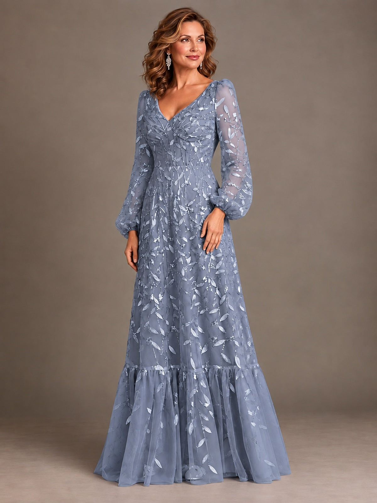 Floral Sequin Embroidered A-Line Mother of the Bride Dress with Long Sleeves
