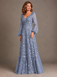 Floral Sequin Embroidered A-Line Mother of the Bride Dress with Long Sleeves