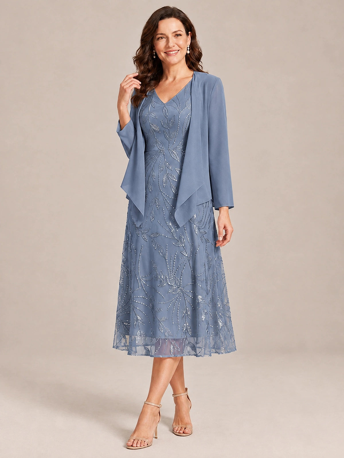 Tea Length Sequin Lace Mother of the Bride Dress with Chiffon Jacket