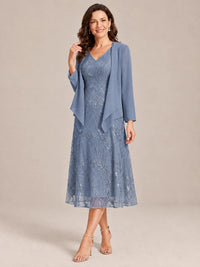 Tea Length Sequin Lace Mother of the Bride Dress with Chiffon Jacket
