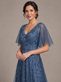 V-Neck Sequin Tulle Mother of the Bride Dress with Flutter Sleeve