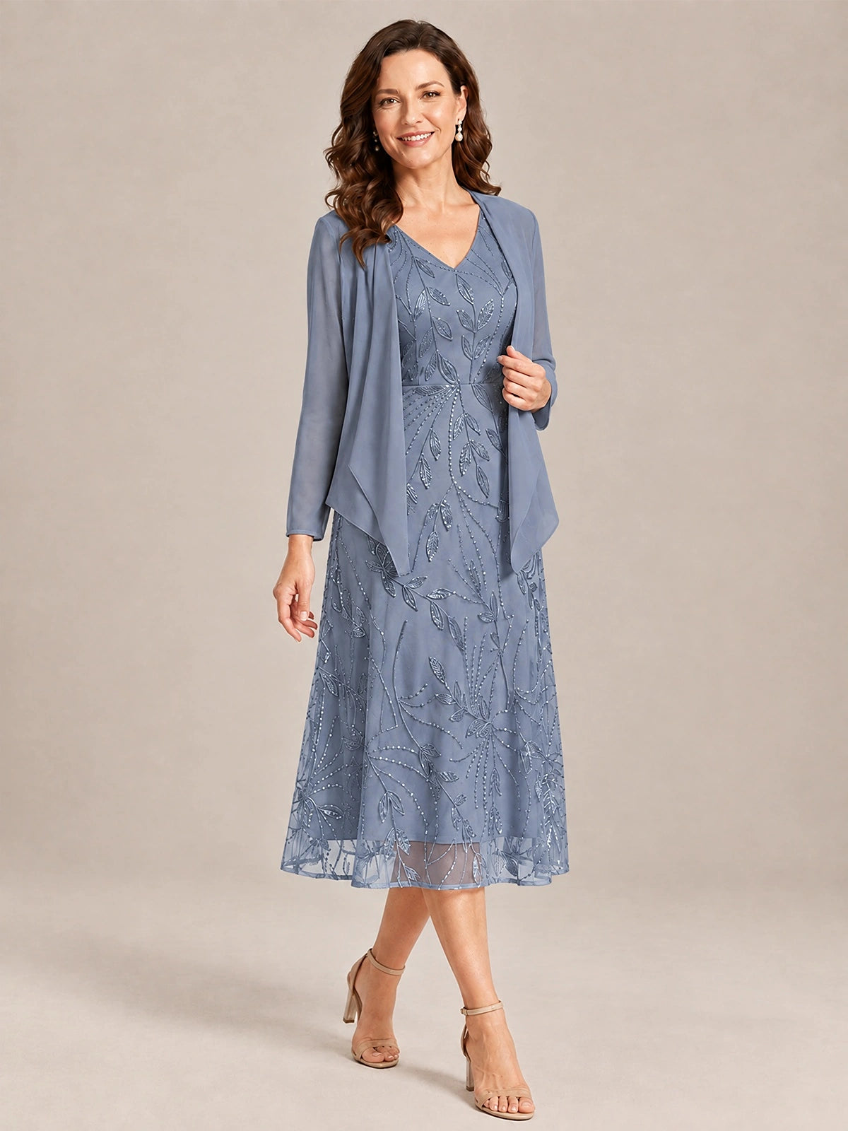 Tea Length Sequin Lace Mother of the Bride Dress with Chiffon Jacket