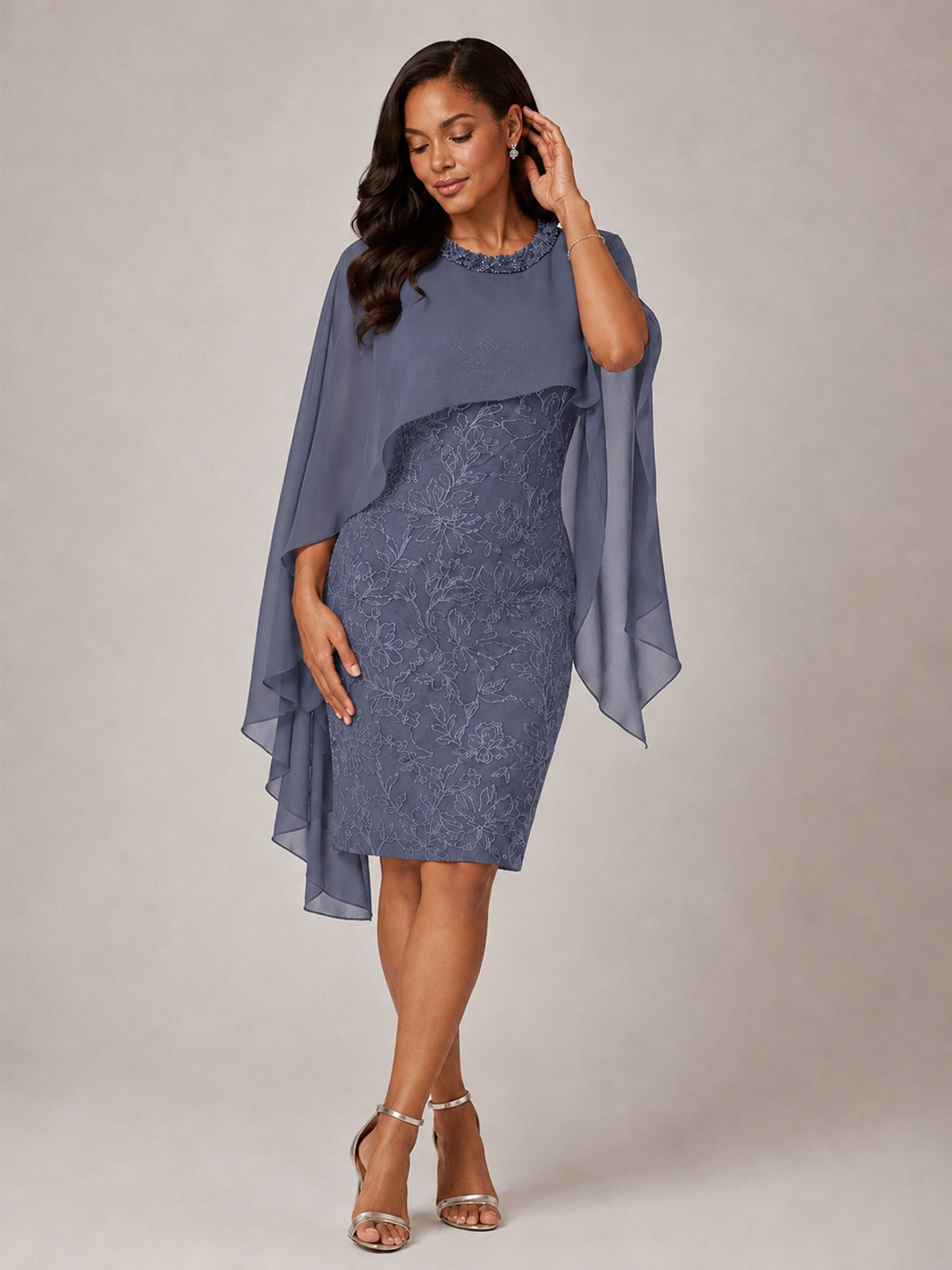 Floral Sheath Mother of the Bride Dress with Cape Overlay